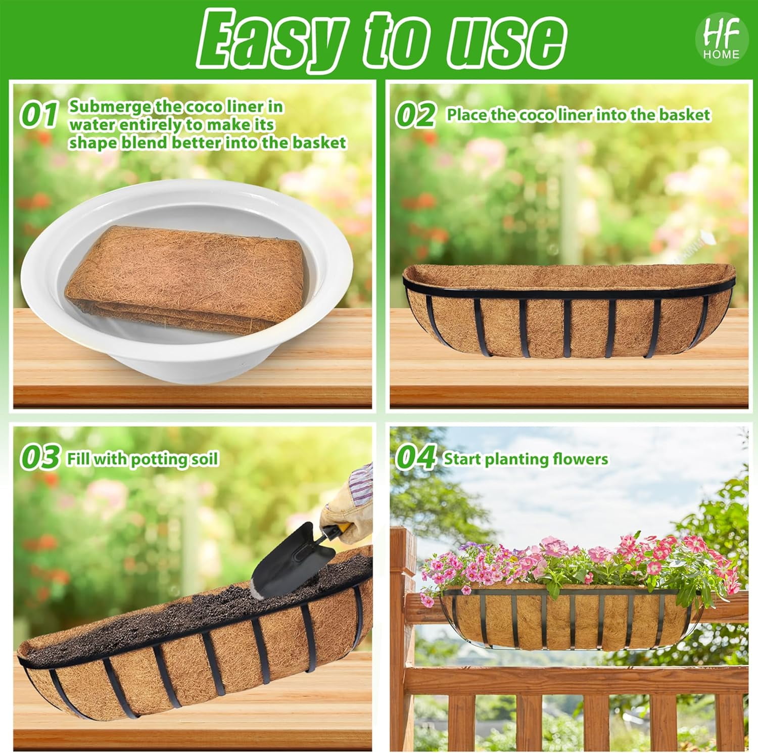 Y&M 2pcs 24 Inch Window Deck with Coco Liner, 24" Window Boxes Horse Trough with Coconut Coir Liner, Black Metal Hanging Flower Planter Window Basket Deck Railing Planter Boxes for Outdoor Indoor