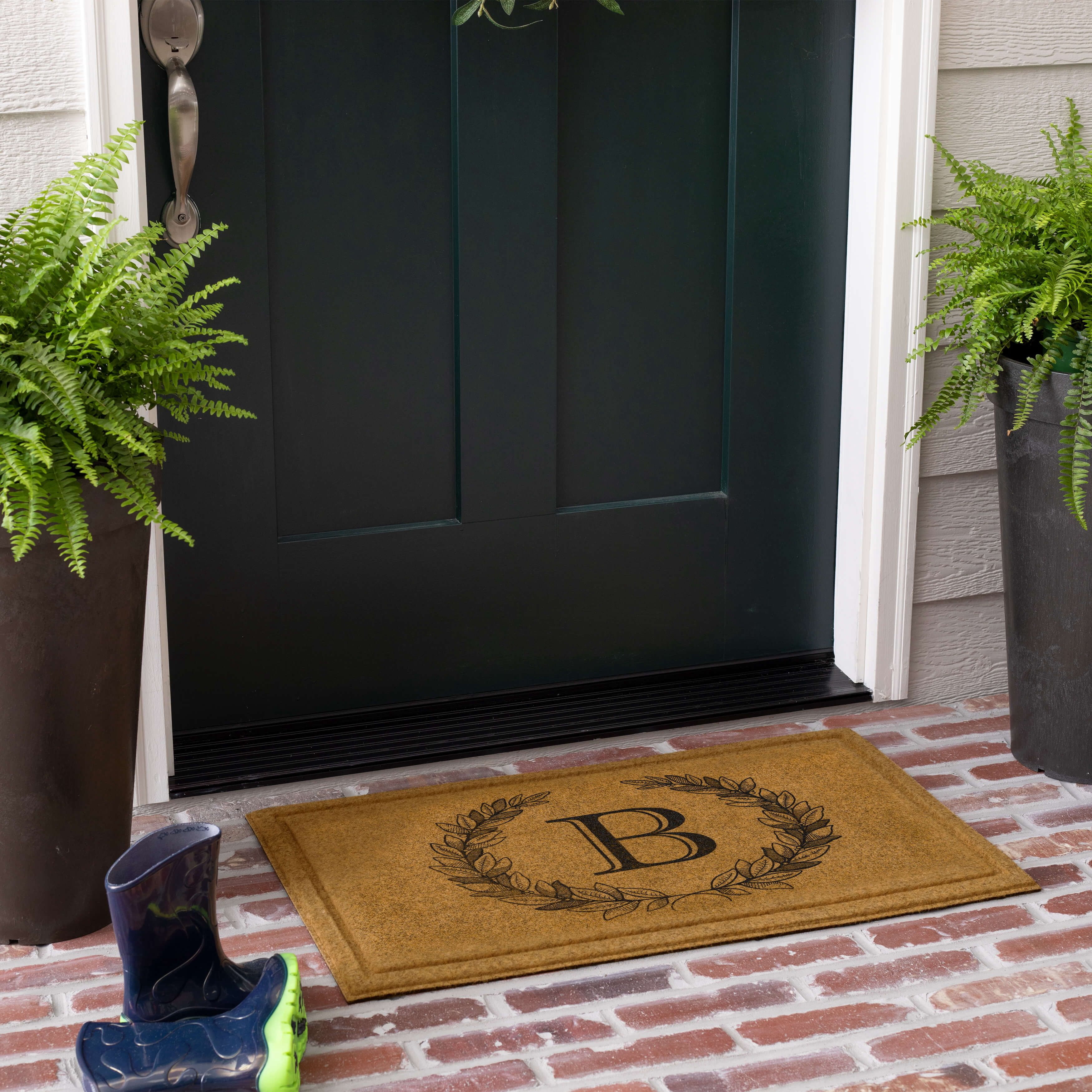 Mohawk Home Laurel Monogram B Low Pile Printed Faux Coir All Weather Eco Friendly Indoor/Outdoor Doormat, Natural, 1' 6" X 2' 6"