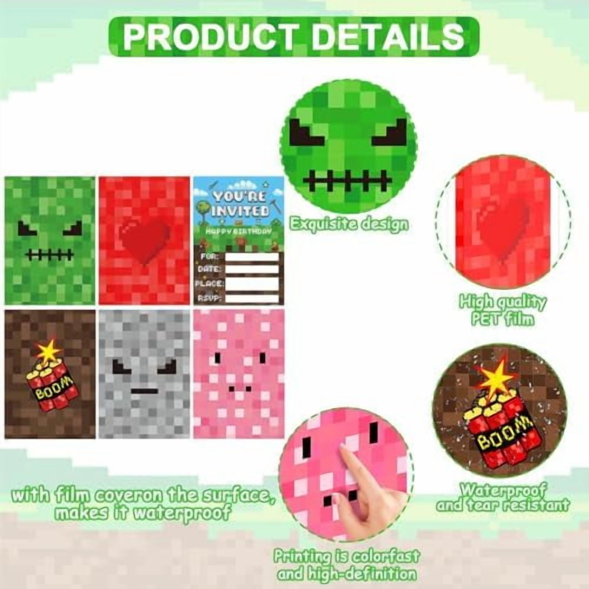 30 Sets Pixel Birthday Party Invitations with Envelopes Sticker Video Game Party Invitations Invites Card for Kids Boys Pixel Theme Favors