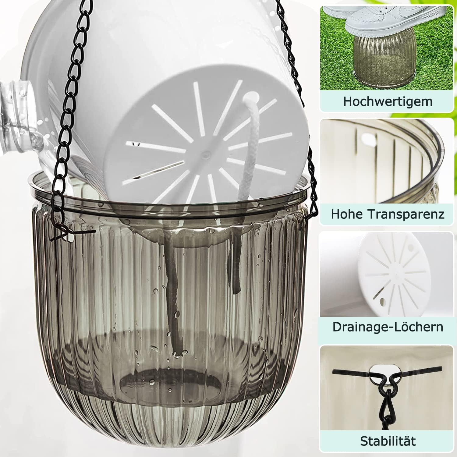3 Pack Small Hanging Planters Garden Self-Watering Flower Plant Pot, Hanging Planters for Indoor Plants Container Succulent Planter Pots with Hook Chains Drainage Hole（Green,Clear,Gray)