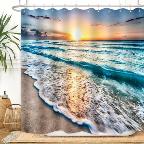 Ocean Shower Curtain Sand Beach Waves Sunrise Lanikai Theme Colorful Offshore Pacific Scenry Pattern Waterproof Fabric Bathroom Decor Set 72x72 Inch Plastic Hooks 12 Pcs Blue