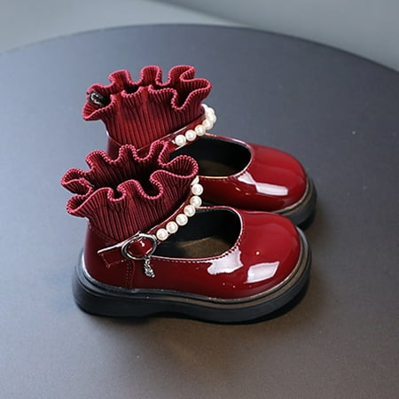 

kpoplk Baby First Walking Shoes Kids Elastic Infant Boots Baby Pearl Leather Shoes Princess Shoes Girls Dance Toddler Woolen(Wine)