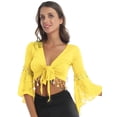 thumbnail image 3 of HULIJA Women Glitter Bead Tassel Belly Dance Top Lace 3/4 Flared Sleeves Shawl Crop Tops Dancewear Yellow XL, 3 of 7