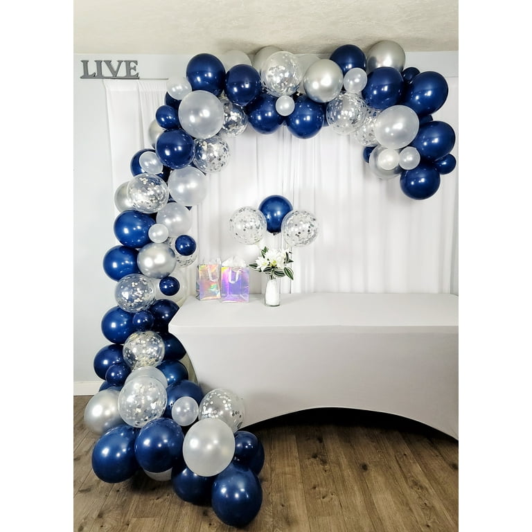 Navy Blue Balloon Arch kit Balloon Garland - Strong Thick Balloons,  Metallic Silver, Light Grey, White&Clear/Chrome Confetti, Birthday Party  Decor