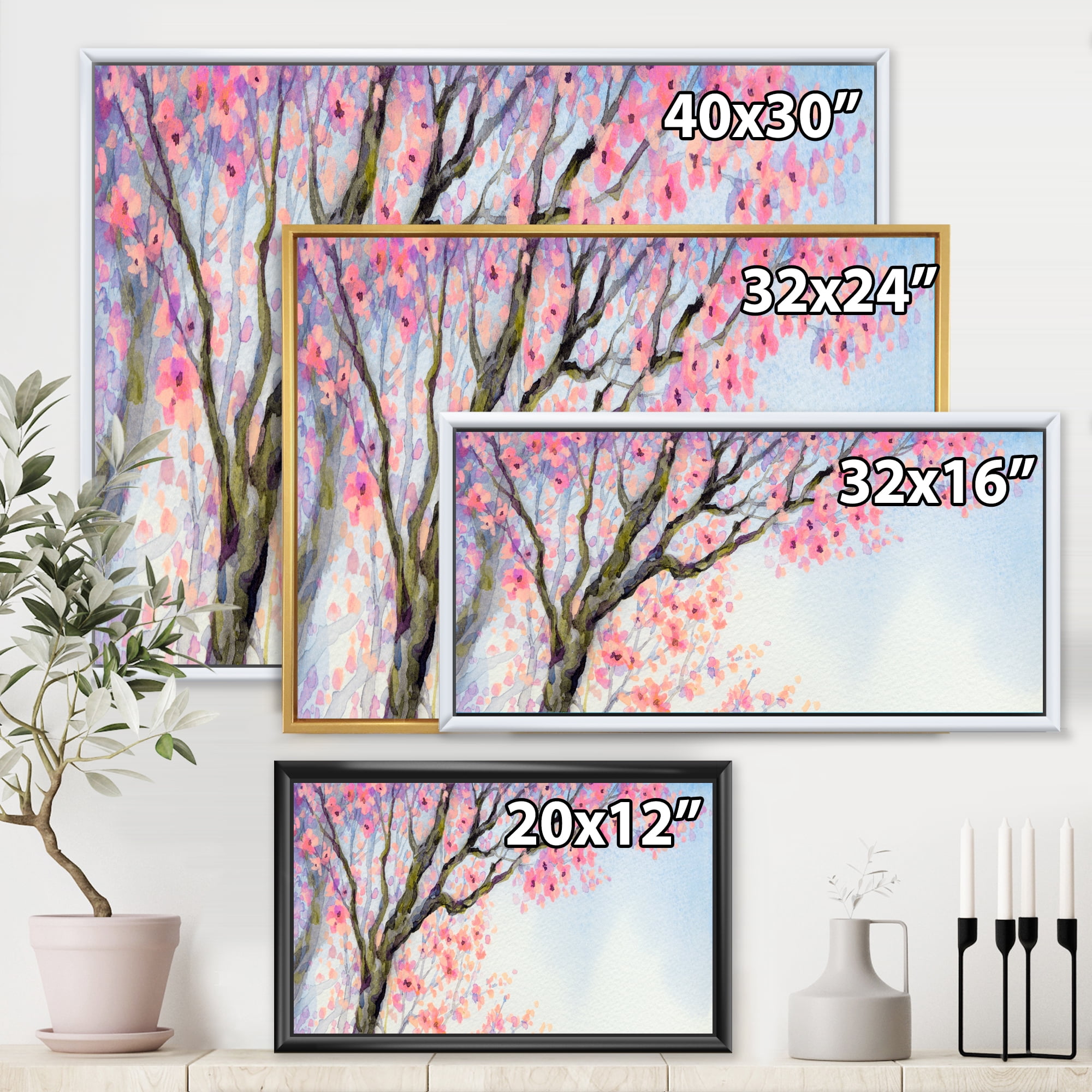 Designart 'Beautiful Pink Bird Sitting On Flowering Branch' Traditional Framed Canvas Wall Art Print