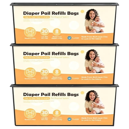 3-Pack Diaper Pail Refills (90 Bags Total) – Compatible with Genie Easy Roll Signature & Platinum, 7-Layer Odor Barrier, Leak-Proof & Durable