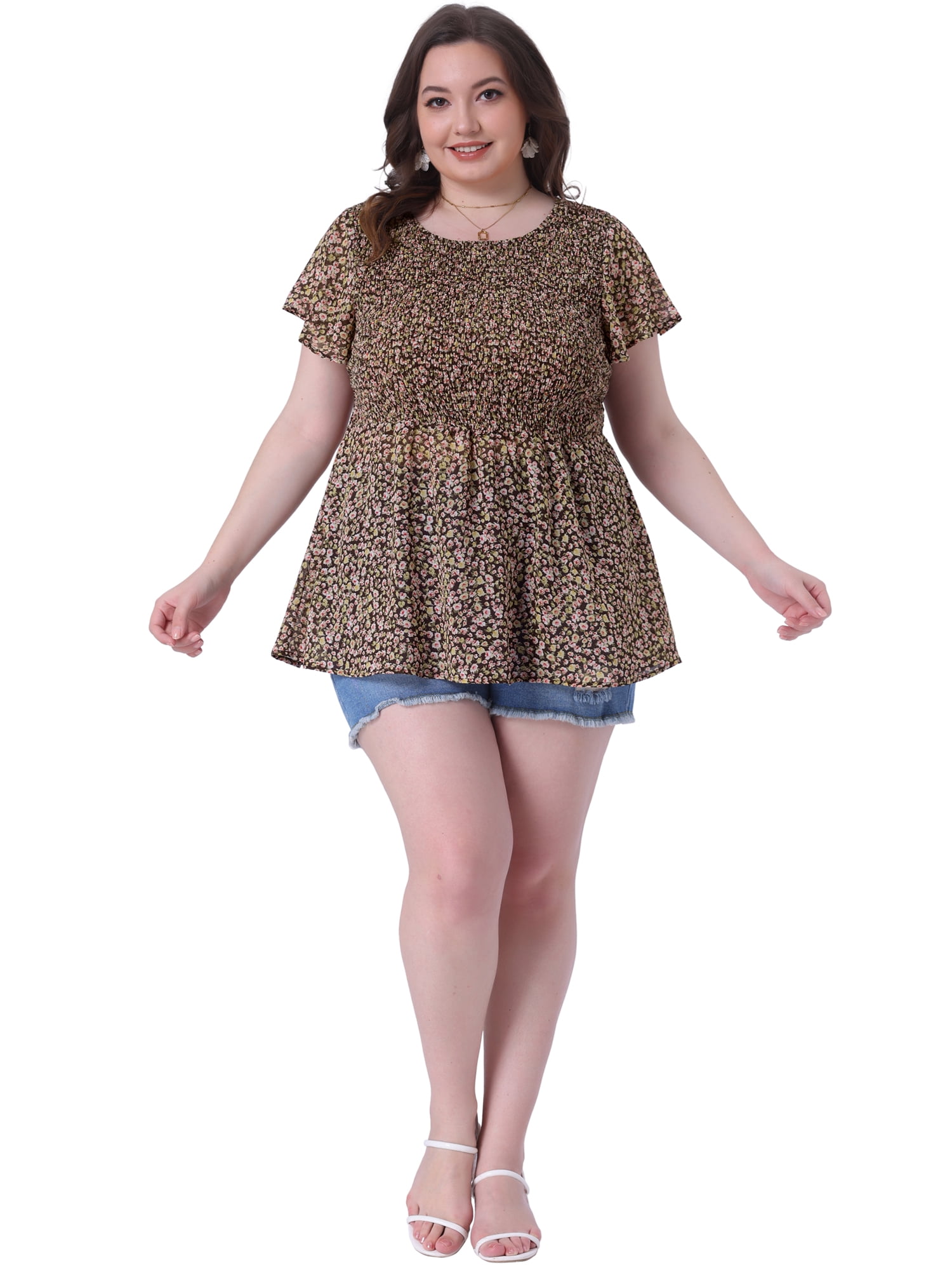 DARING DIVA Women's Plus Chiffon Flare Short Sleeves Floral Top 4X Brown