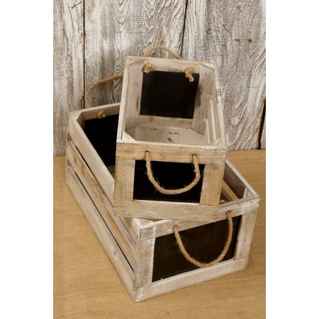 2 Wood Crates w/ Chalkboard Side Rope Handles 10 inches & 13 inches