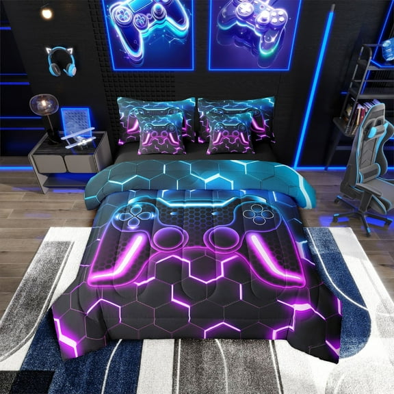 Erosebridal Purple Gamepad Bedding Sets Twin Size,Honeycomb Hexagon Comforter Sets with Sheets,Teens Bedroom Decor,Reversible,Breathable,7-Piece