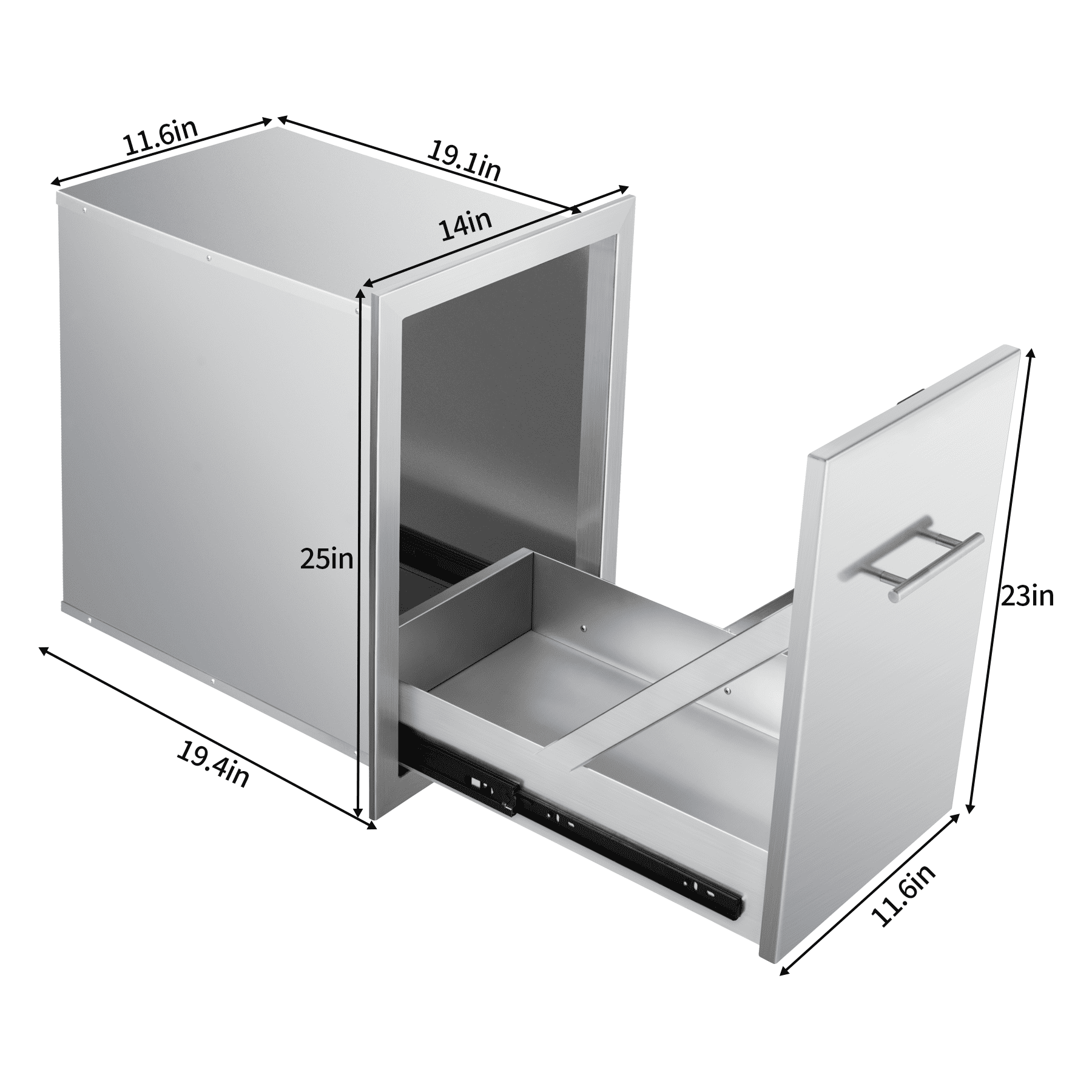 Pull-Out Trash Can Drawer, Stainless Steel Flush Mount Trash Cabinet 14"W x 25.7"H x 19.4"D for Outdoor Kitchens & BBQ Islands