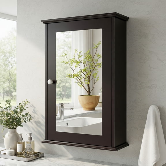 Topcobe Bathroom Wall Cabinet with Single Mirror Door, Bathroom Cabinet Wall Mount, Bathroom Furniture, Brown