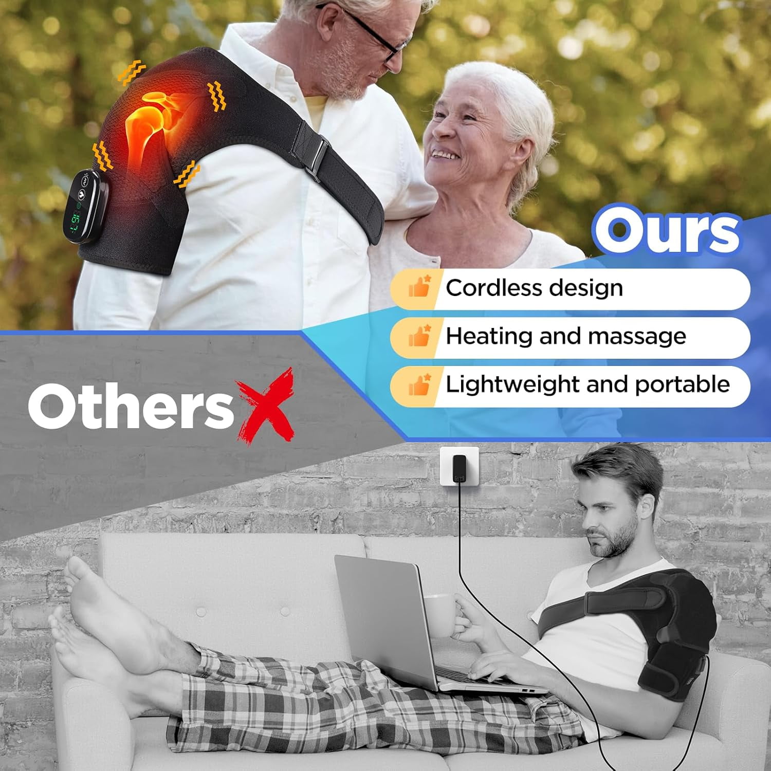 Heated Shoulder Brace Wrap, Electric Shoulder Heating Pad Massager, Rechargeable Cordless Shoulder Heated Wrap Massager with 3 Adjustable Vibrations for Men Women, Heated Shoulder Massage for Relief