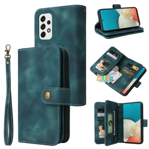 ELEHOLD for Samsung Galaxy A53 5G Flip Leather Wallet Case with Card Holders Kickstand Magnetic Clasp Lanyard Shoulder Strap Shockproof Protective Case,Blue