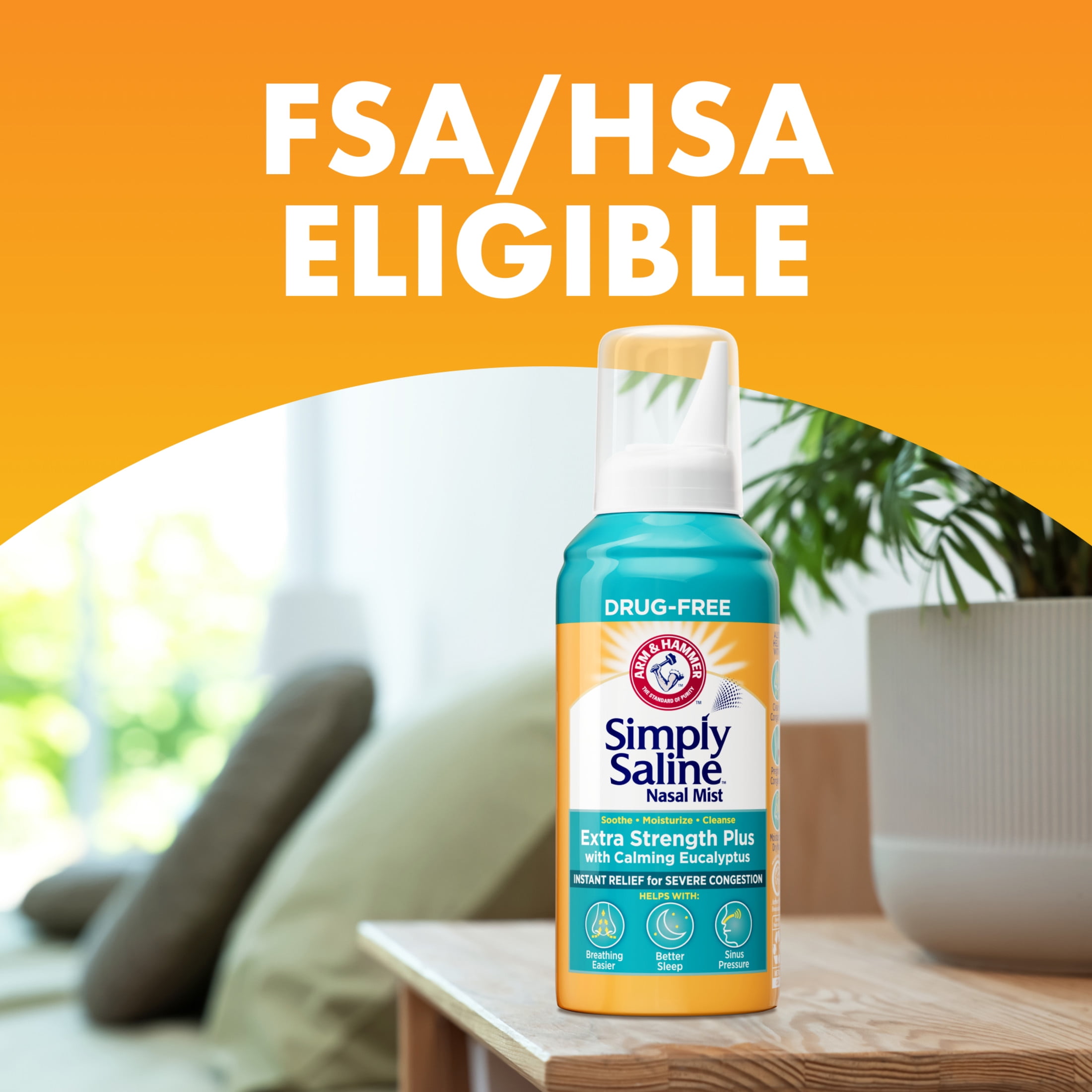 (5 pack) ARM & HAMMER Simply Saline Extra Strength Plus Eucalyptus Nasal Mist, Saline Nasal Spray For Severe Congestion Relief, 4.6 oz