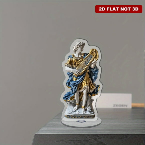 Ornement Acrylique Rotatif avec Apollo avec une lyre en Tenue Ornée Bleue et Dorée Détaillée Captivamment sur Fond Blanc