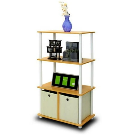 Furinno Go Green 4-Tier Multipurpose Storage Rack Shelving Unit with Bins, Beech & White - 43.25 x 23.6 x 11.6 in.