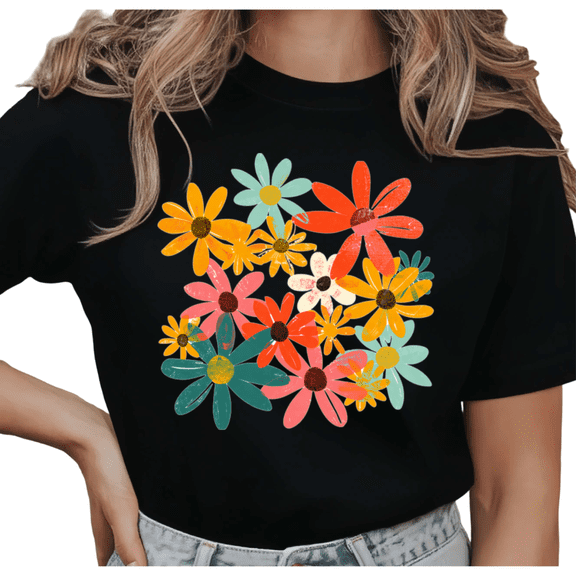 UNISHE Women's Vintage Multicolor Daisy Cluster Retro Distressed Graphic Short Sleeve T-Shirt Casual Crewneck Top