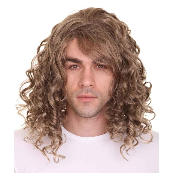 HPO Adult’s Long Curly Brown Slacker Wig | Cosplay Halloween Wig | Synthetic Fiber | Capless Cap