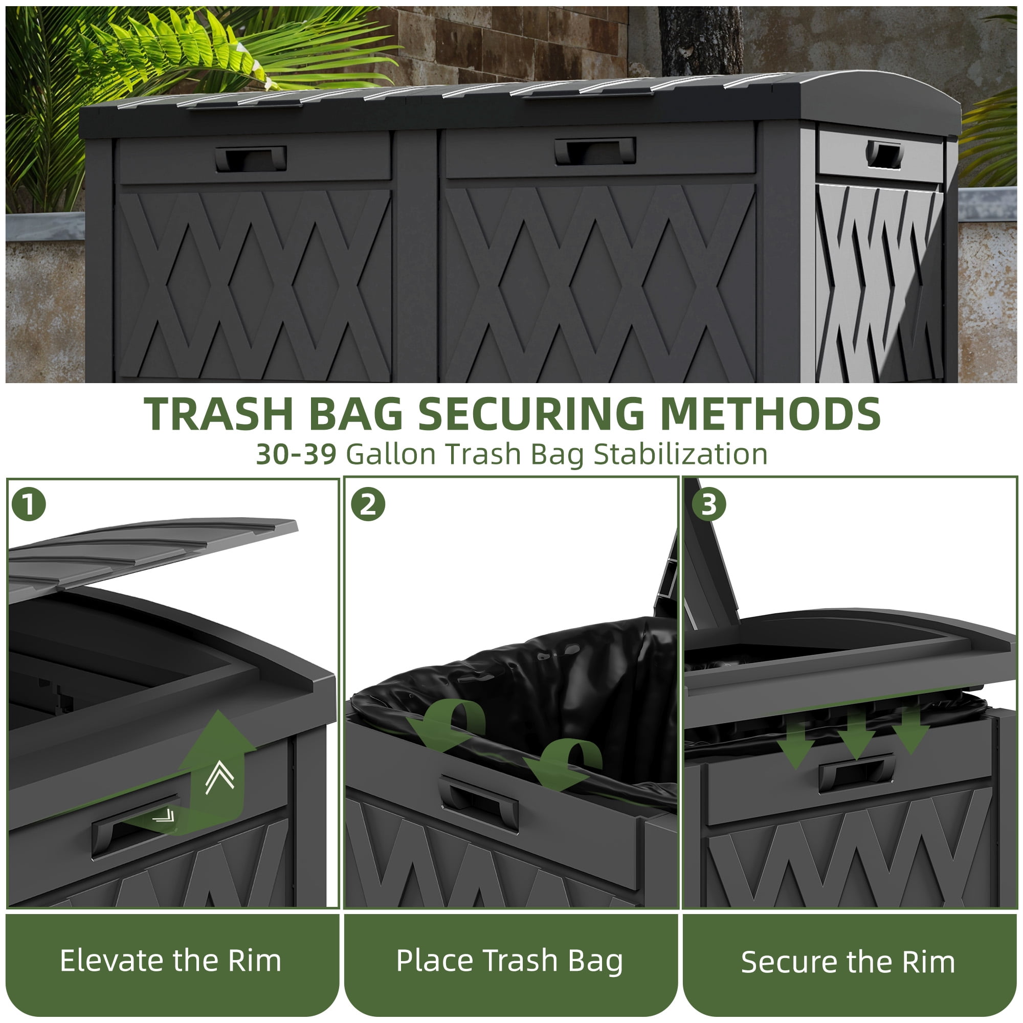 Uforic 61 Gallon Large Double-Bin Trash Can, Weatherproof Waste Bin with Tiered Lid & Drip Tray, Outdoor Garbage Bin ,for Porch, Backyard, Black