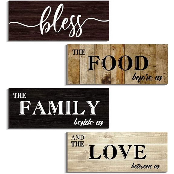 MUCHENGGIFT 4 Pieces Bless Food Family Love Signs for Kitchen Wall Decor Plaque, Home Farmhouse Rustic Decor, Wood Wall Hanging Decorations for Dining Room Kitchen, Small (4 x 10 IN X4)