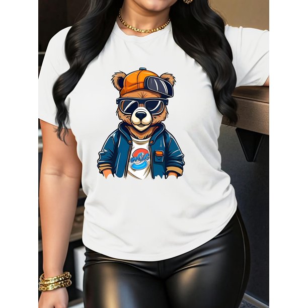Camiseta informal de moda con estampado de oso para mujer negra, cuello redondo y manga corta, ideal para deportes de ocio.