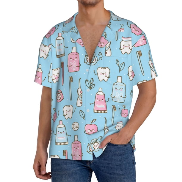 Balery Funny Cute Teeth Camisa Casual de Manga Corta con Botones para Hombre, Texturizada, Estilo Cubano, para Playa, Verano-4X-Large