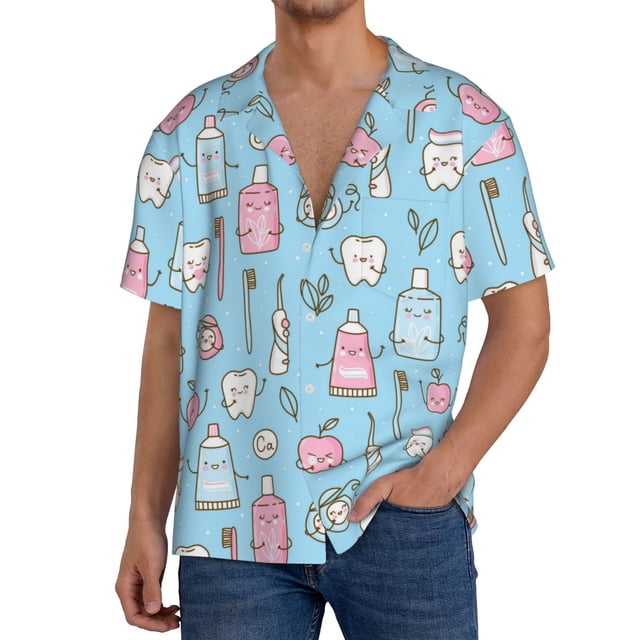 Balery Funny Cute Teeth Camisa Casual de Manga Corta con Botones para Hombre, Texturizada, Estilo Cubano, para Playa, Verano-X-Large