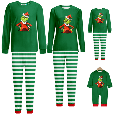 

Family Matching Christmas Pajamas Sleepwear Set The Grinch Green White Stripe Printed Baby-Kids-Adult-Pet Size 2-Piece Top and Pants Bodysuits Unisex Pajamas Sets