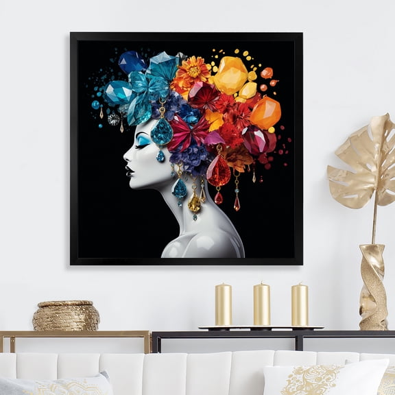 Designart "Crystal and Flower Hair Urban Elegance Woman IV" Fashion Framed Wall Art Decor - Glam Colorful Fashion Woman Entryway Framed Wall Art
