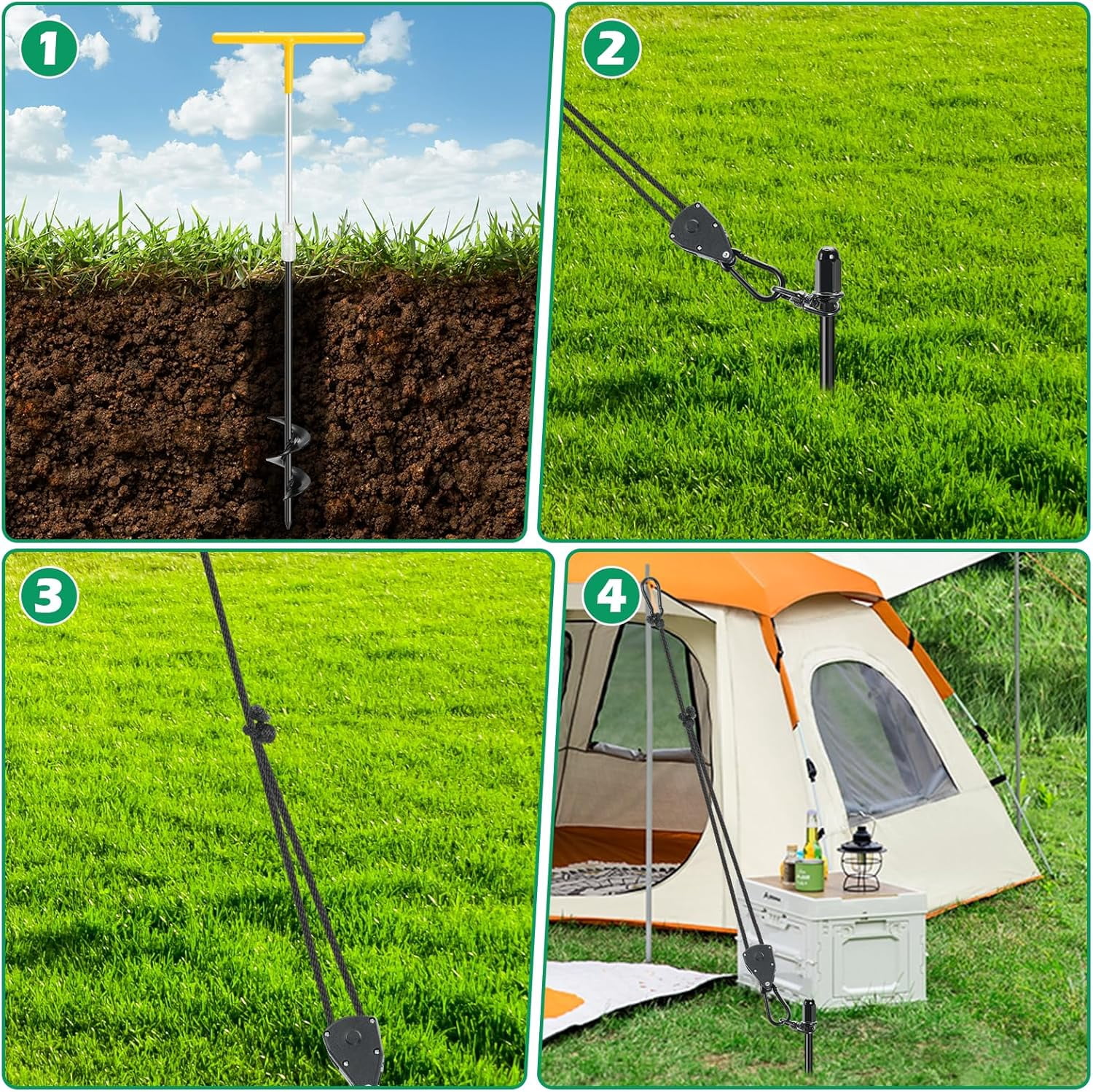 6 Pack Heavy Duty  Tent Stakes with Ratchet Guy Lines and Wrench for Camping Beach Sand