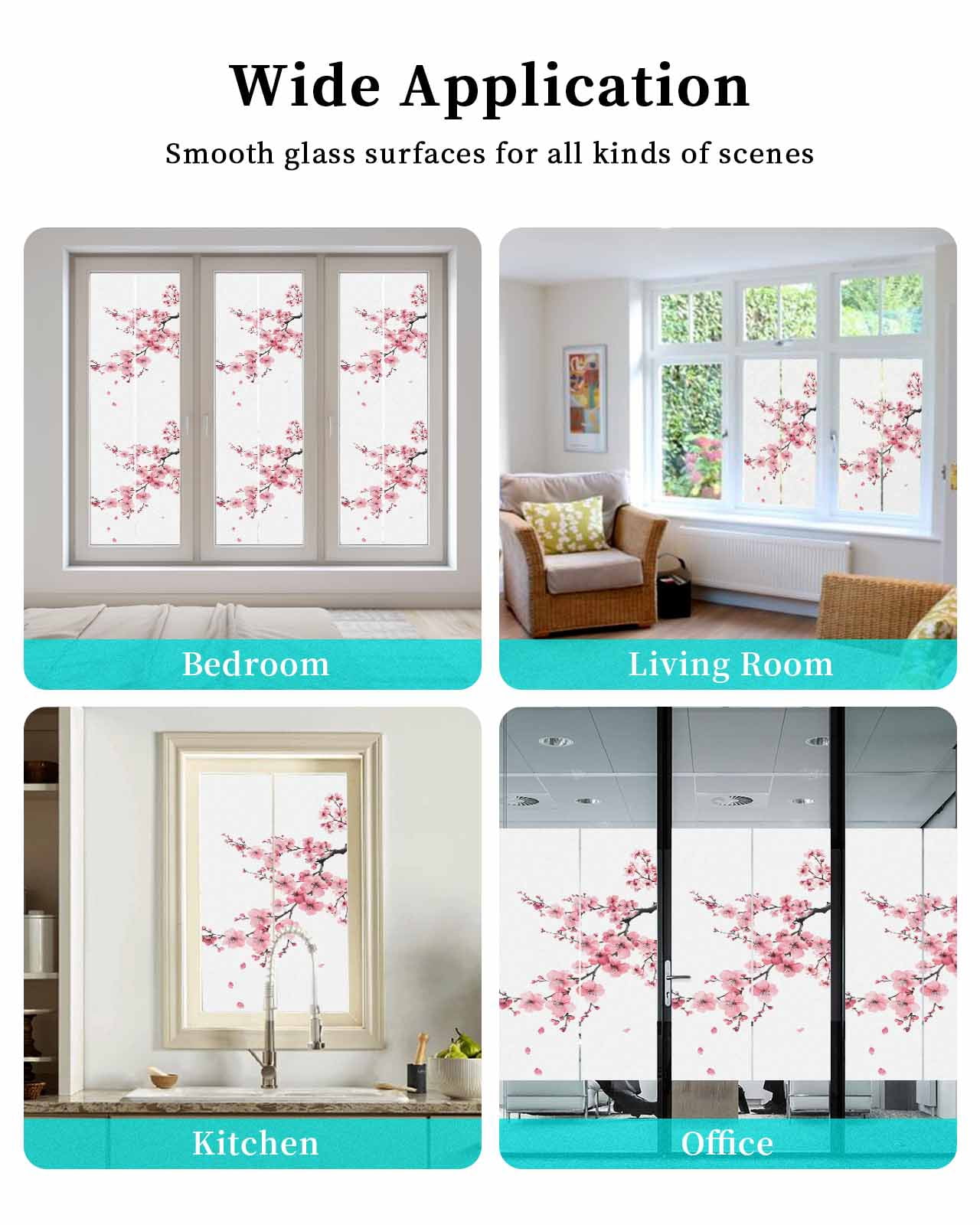 Window Privacy Film Pink Flower Stained Glass Window Film Decorative Sun Block Window Cover Spring Summer Botanical Floral Branches Window Clings Static Adhesive Sticker for Bathroom 35.4"x78.7"