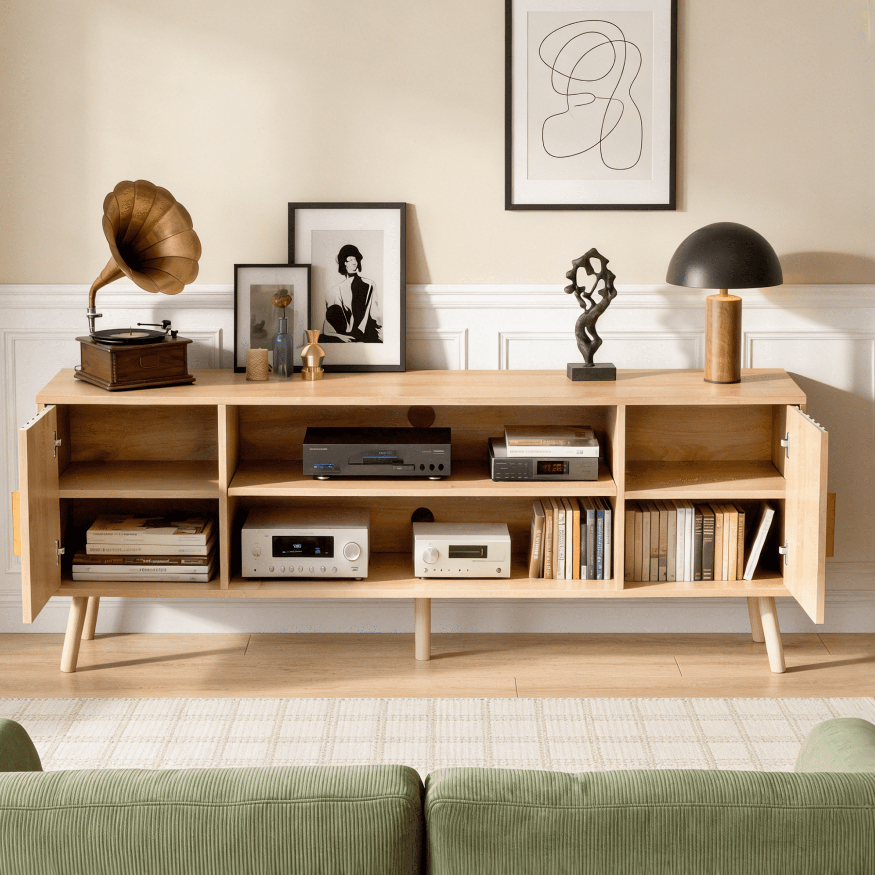 Ktaxon Modern Fluted TV Stand, 59" Television Stand for 55/60/65" TVs with 2 Doors and Adjustable Shelves, Media Console Storage Cabinet, Natural Wood