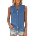 thumbnail image 5 of Bovemsi Cotton Linen Shirts for Women Sleeveless Collared Tops Oversized Up Blouses Work Shirts Casual Summer Tshirt, Blue Women's Summer Tank Tops, M, 5 of 9