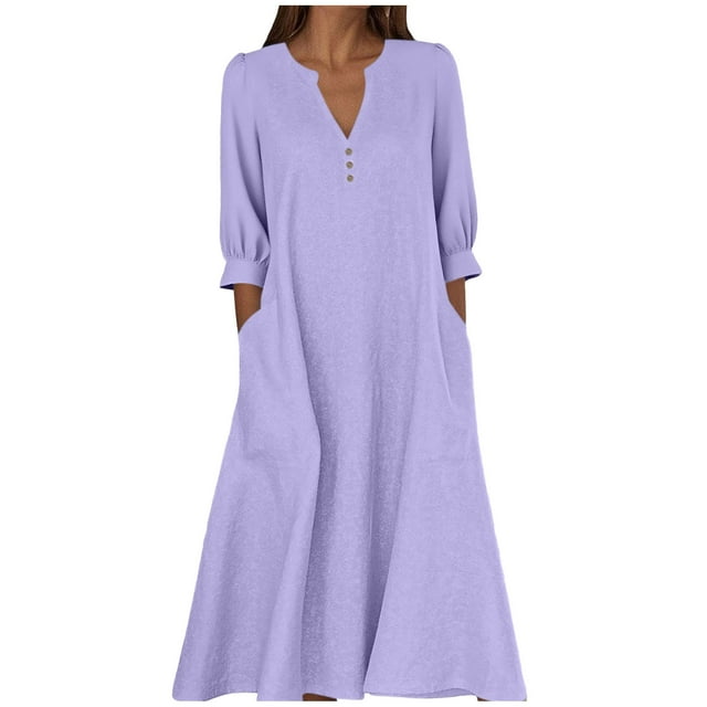 Wdfiry Robe en Coton et Lin pour Femmes Couleur Unie Col Cranté Manches Bouffantes Robe Grande Taille Ample Manches 3/4 Midi
