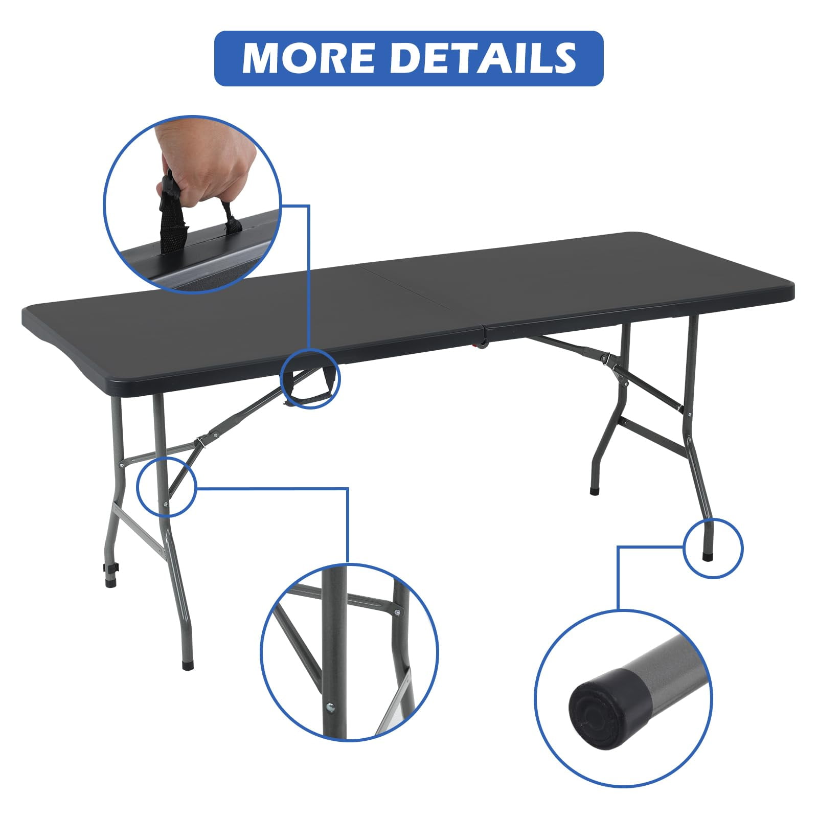 6ft Folding Table Portable Picnic Table, Lightweigh Folding Plastic Table with Handle and Steel Legs Utility Table Dining Lock for Work,Picnic,Party,Camping,Black