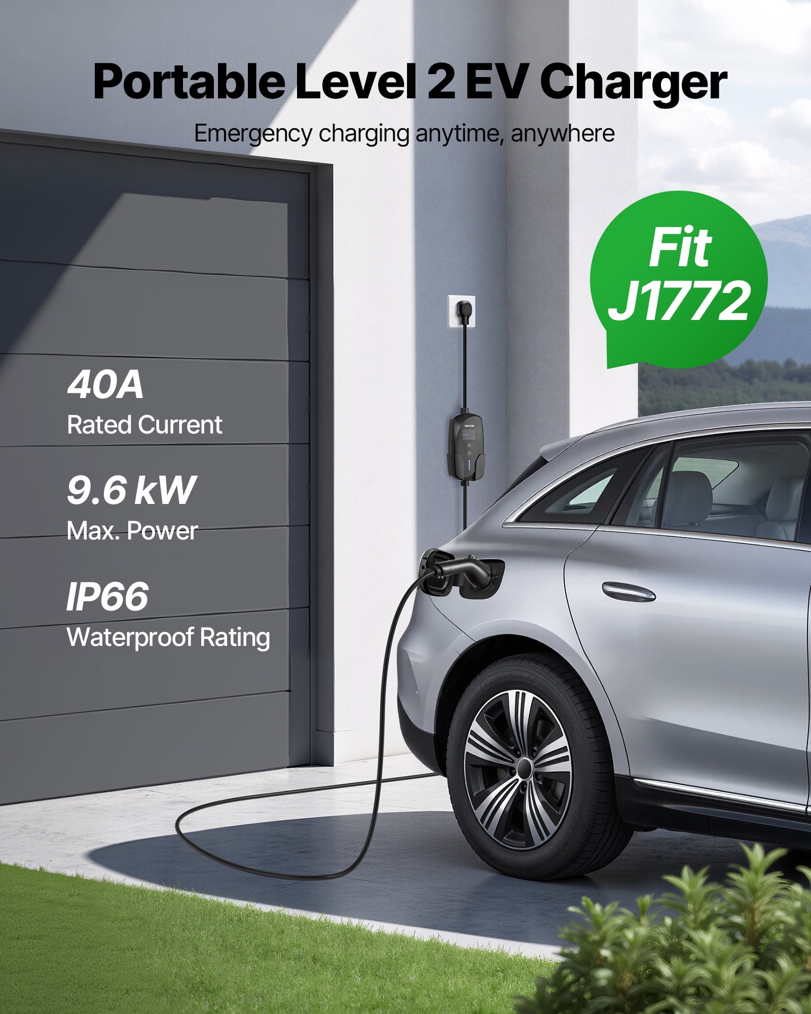 VEVOR Level 2 EV Charger,40 Amp Adjustable Current,240V Electric Vehicle Portable Charger with 25 ft Charging Cable, LCD Display,NEMA 14-50P Plug, Plug-in Home Car Charging Station for SAE J1772 EV