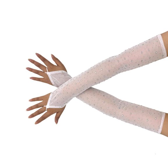 Weflink Rhinestones Studded Fingerless Gloves Stretchable Mesh Arm Sleeves TeaParty Costume Dance Performances Women Armwear