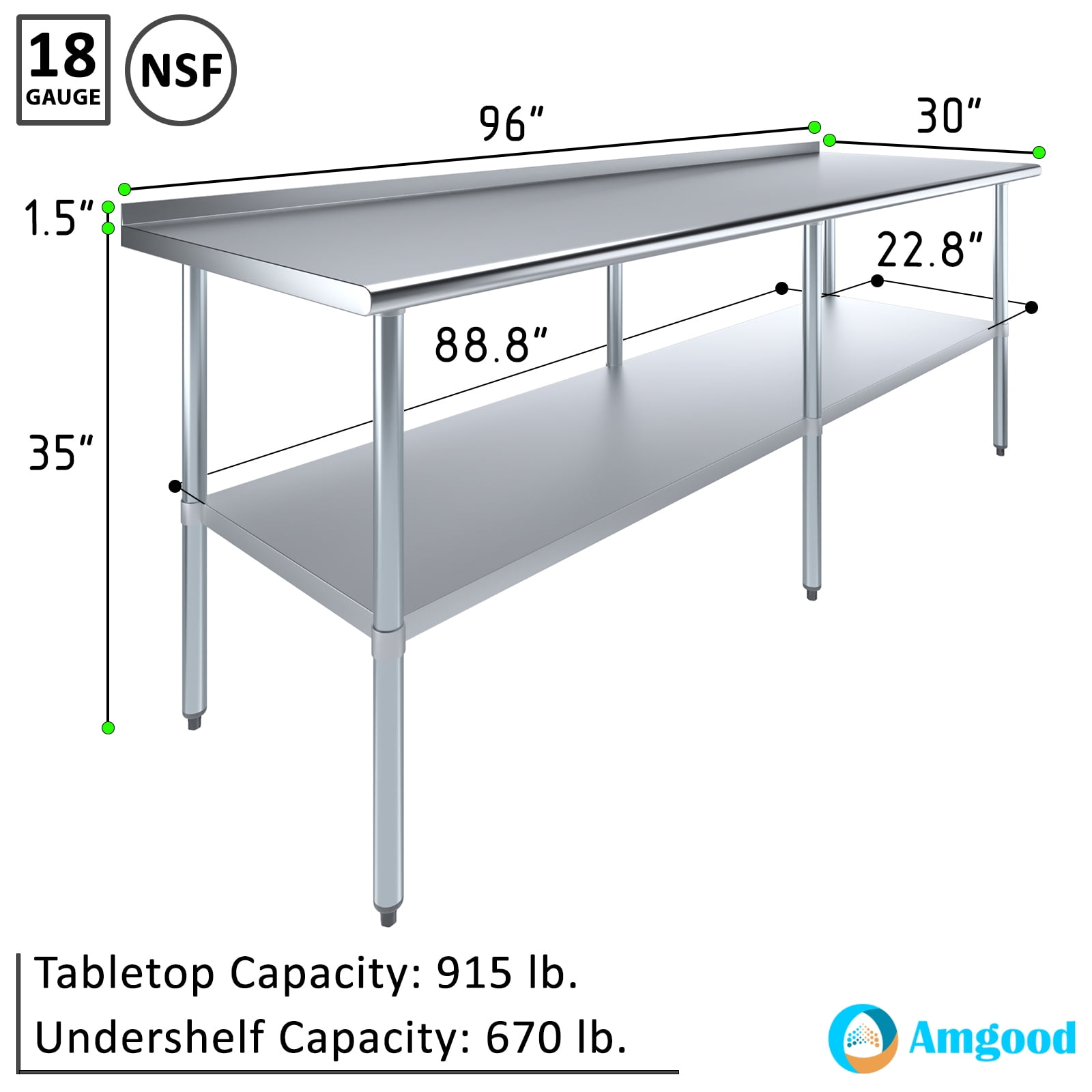 AmGood 30 in. x 96 in. Stainless Steel Work Table with 1.5 in. Backsplash | Metal Kitchen Food Prep Table