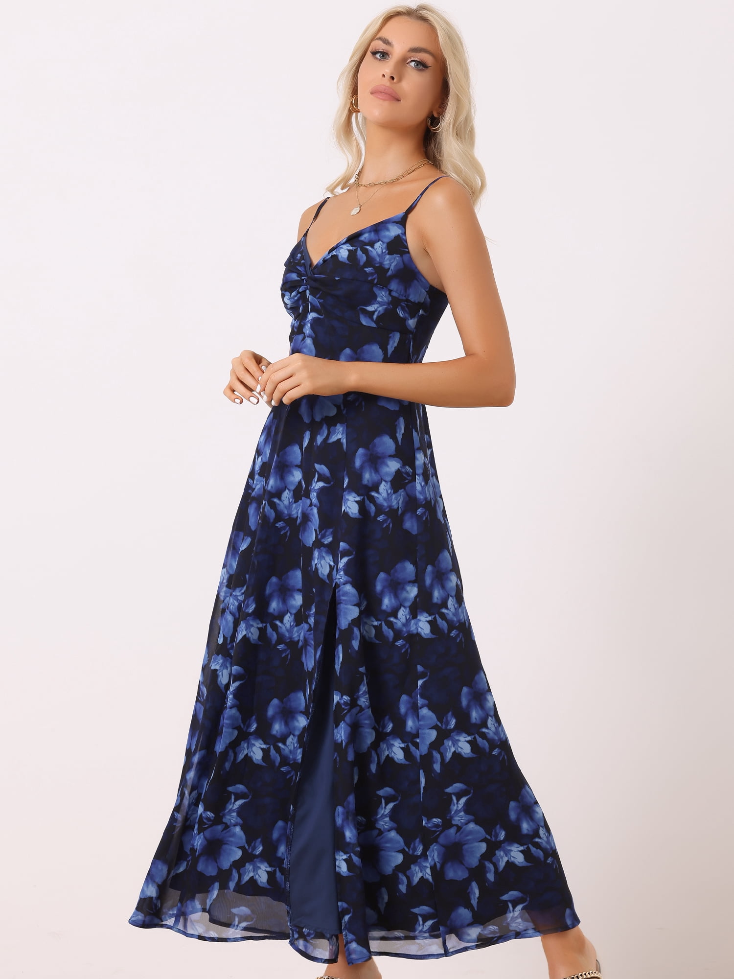 DARING DIVA Floral Print Pleated Back Neck Split Elegant Maxi Dress XS Navy Blue