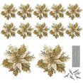 thumbnail image 1 of Christmas Glitter Artificial Poinsettia Flower Pattern 12Pcs Christmas Tree Flower Pattern Ornaments Xmas Party Decoration with 12Pcs Stems and Clips, 1 of 4