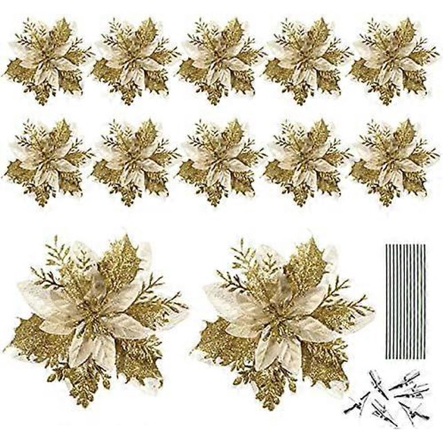 Christmas Glitter Artificial Poinsettia Flower Pattern 12Pcs Christmas Tree Flower Pattern Ornaments Xmas Party Decoration with 12Pcs Stems and Clips