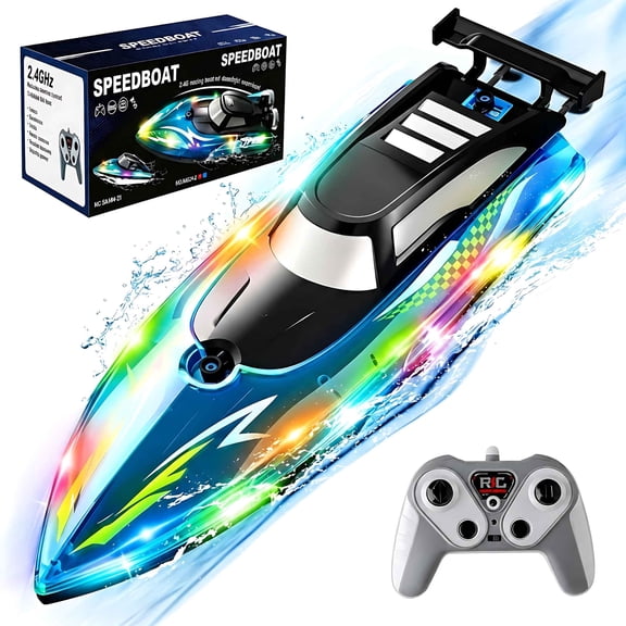 Tigozz Remote Control Boat for Kids, 2.4GHz RC Racing Boat with Colorful LED Lights, Rechargeable Pool Water Toy, Ages 8 , Blue