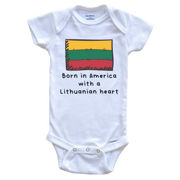Born In America With A Lithuanian Heart Cute Lithuania Flag Baby Bodysuit, 0-3 Months White