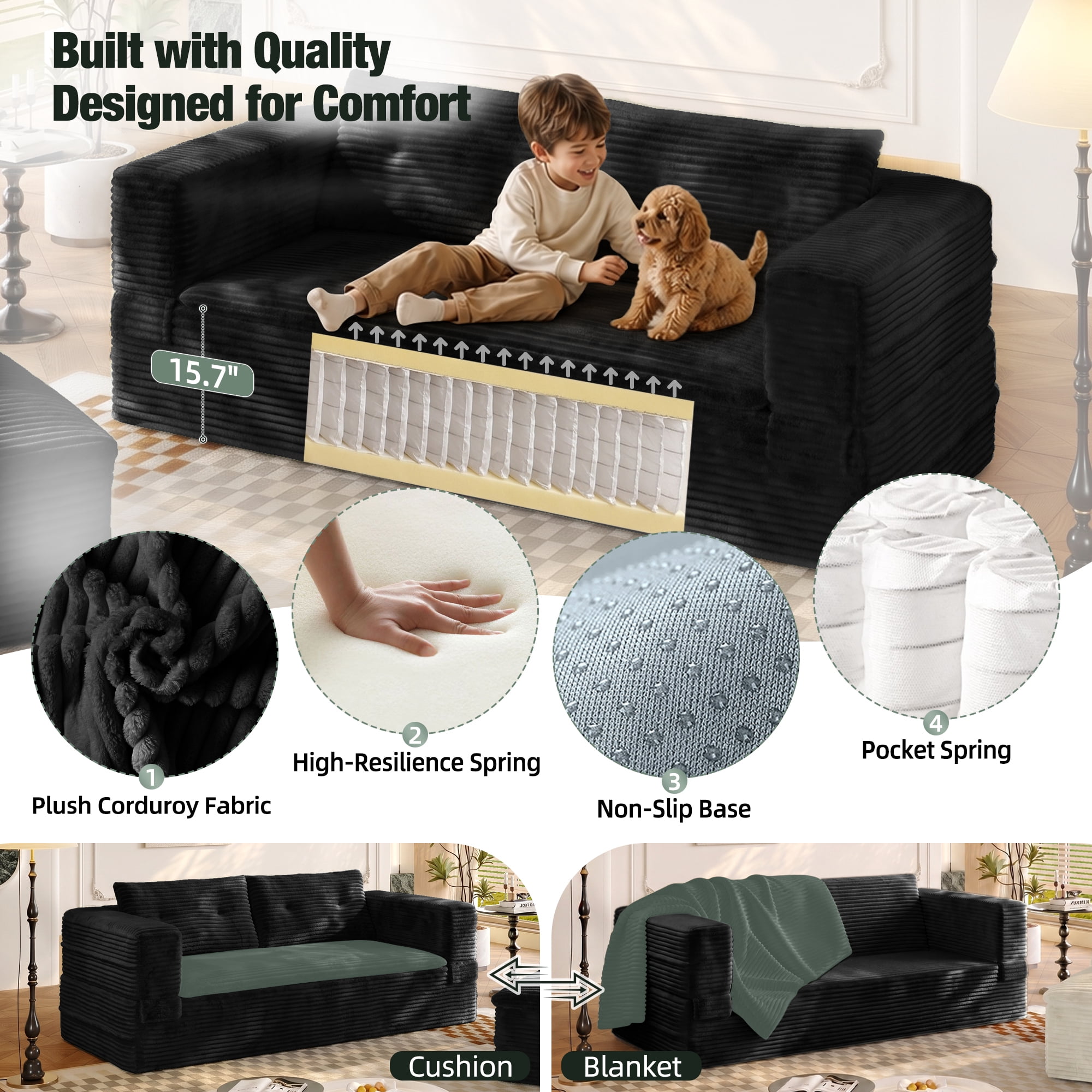 HOQBN 80" King Size Sleeper Sofa Bed, Plush Corduroy Deep Seat Sofa Couch with Independent Chaise and Functional Blanket for Living Room, Bedroom Black