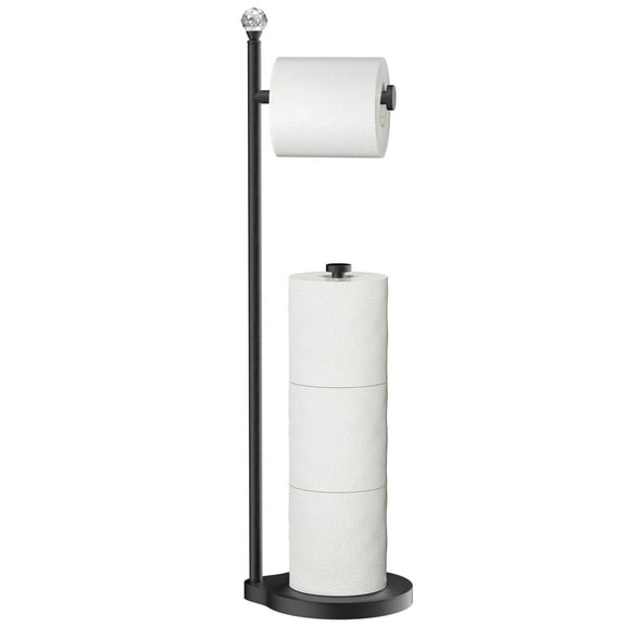 KASUNTO Toilet Paper Holder for Bathroom, Heavy Weighted Metal Free Standing Toilet Paper Storage with Crystal Ball, Toilet Paper Stand for Bathroom Accessories, Matte Black [Holds MEGA Rolls]