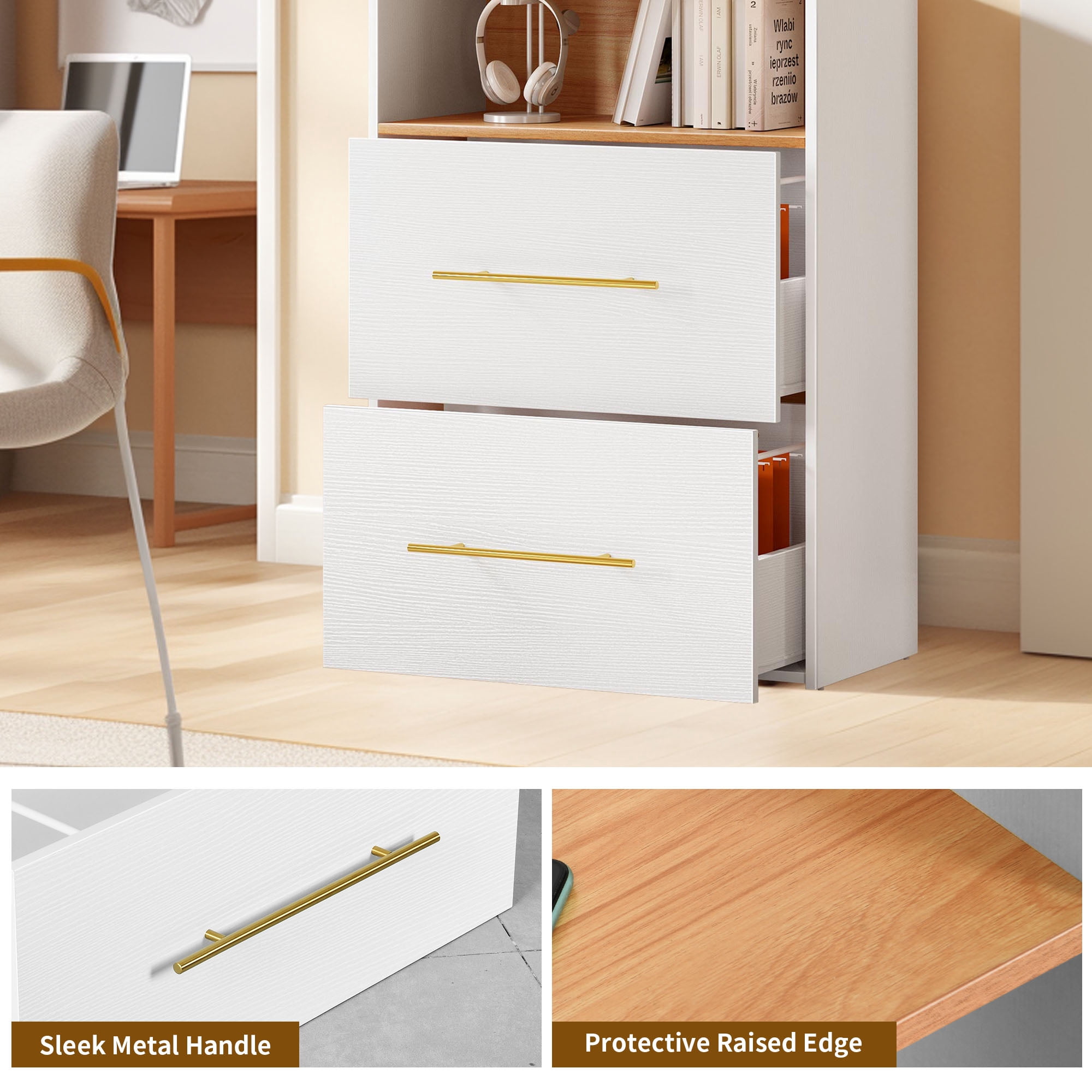 Uforic File Cabinet with 2 Drawer, Office Storage Filing Cabinet with Charging Station& Printer Shelf for Home Office, White