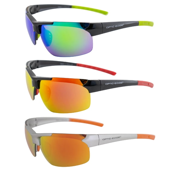Optic Edge Frontrunner Sports & Motorcycle Sunglasses 3 Pairs Semi-Rimless Black Frame w/Green Red & Orange Mirror Lenses