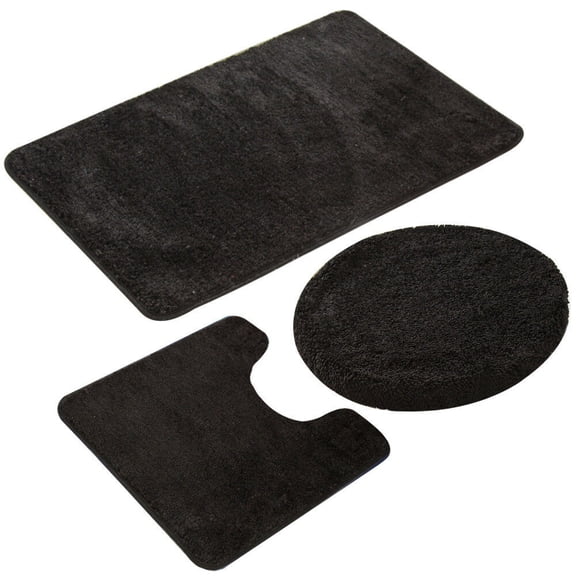 Set of 3 Non-Slip Bath Mat Bathroom Rugs, Polypropylene Fiber Bath Mat, U-shaped Toilet Floor Mat and Lid Cover, Black