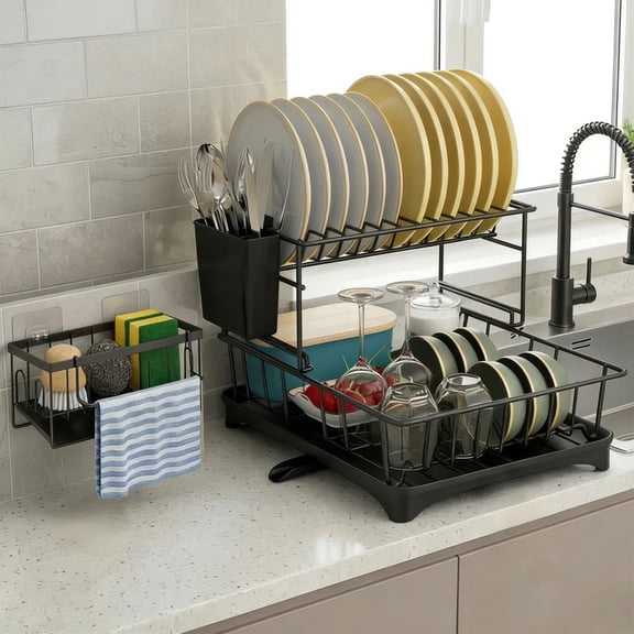 XHSGX 2-Tier Rustproof Dish Rack with Free No-Drill Sponge Holder, Auto-Drainage, Black