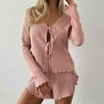 thumbnail image 2 of HUJlwoi Ribbed Pajama Sets for Women Tie Front Sleepwear with Shorts Ruffle 2 Piece Pj Sets Long Sleeve Solid Color Loungewear Sets, 2 of 5